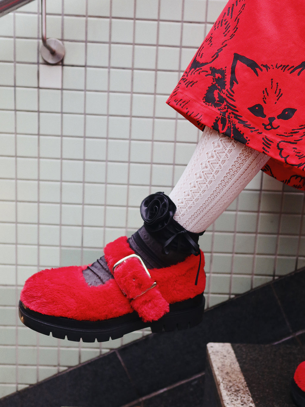 LO x Rhi Dancey Red Faux Fur Mary Janes